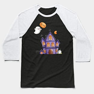 Spooky Halloween house and cute ghost Baseball T-Shirt